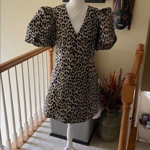 Dance & Marvel Leopard Print V Neck Dress with Puff Sleeves